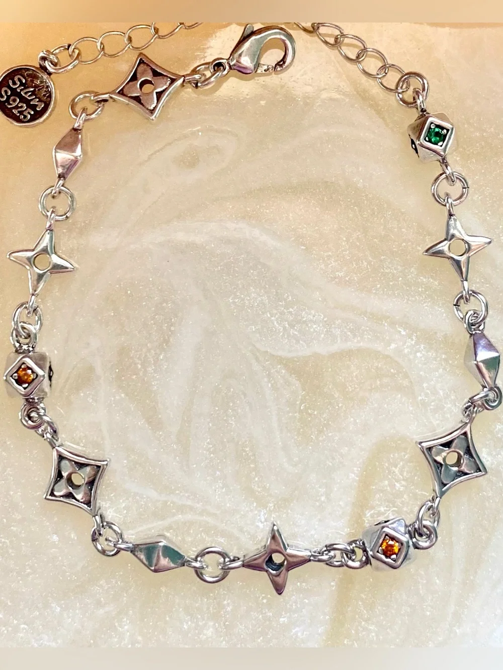 Sterling Silver Star & Square Charm Bracelet with Multicolored Stones